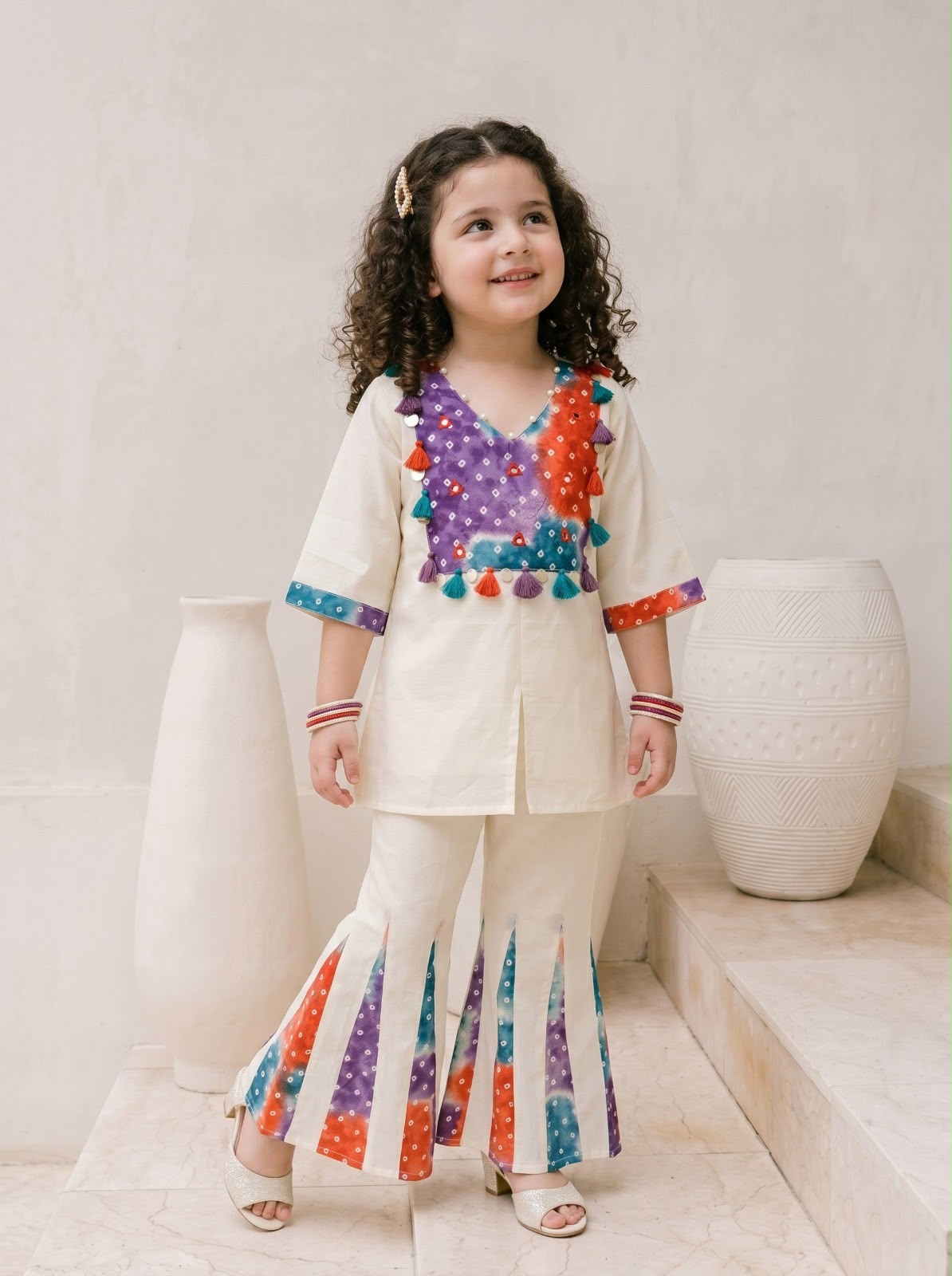 Natural Fab Girls Ivory Co-Ord Set with Multicolor Bandhani Panel, Tassels & Flared Pants