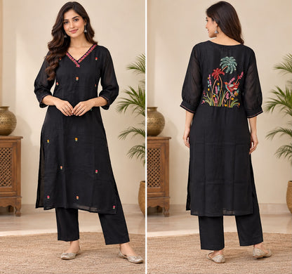 Natural Fab Women Black Embroidered Kurti Pant Set with V-Neck & Multicolor Back Motif