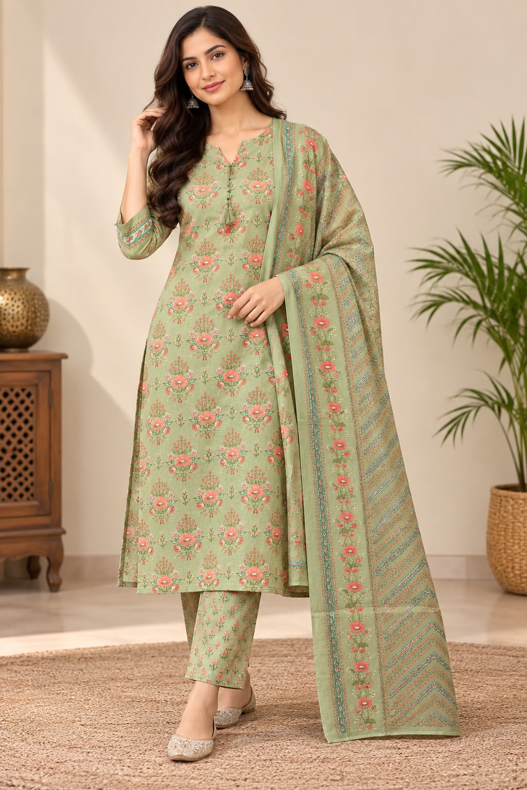 Natural Fab Women Sage Green Floral Printed Kurti Pant Set with Matching Dupatta | 3-Piece Ethnic Wear