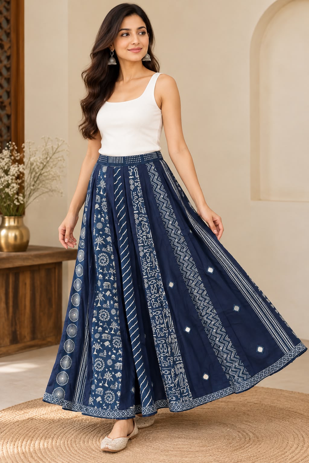 Women’s Navy Blue Cotton Mirror Work Flared Skirt with Ethnic Handcrafted Print