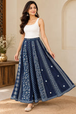 Women’s Navy Blue Cotton Mirror Work Flared Skirt with Ethnic Handcrafted Print