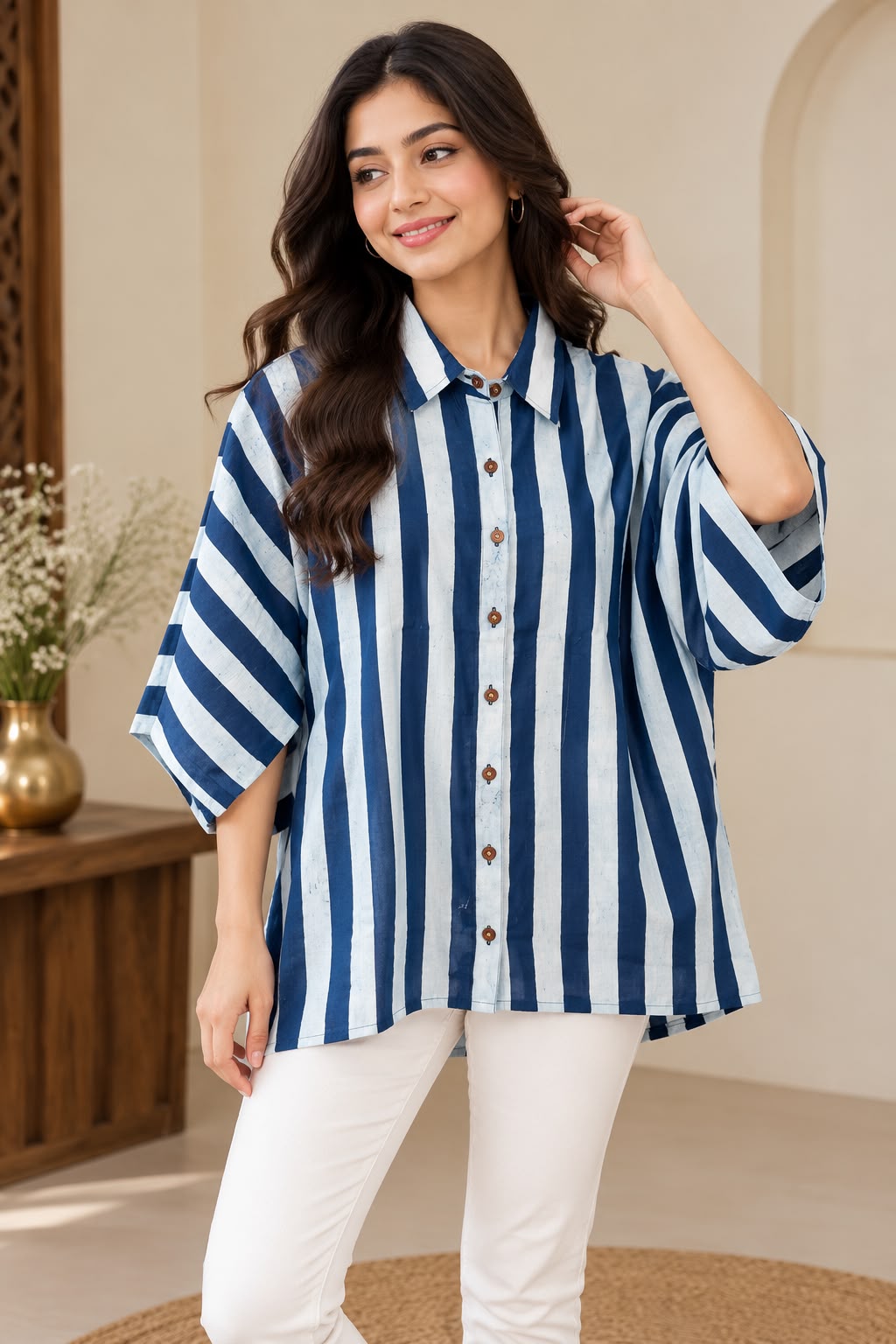 Women’s Indigo Hand Block Printed Cotton Kaftan Shirt with Stripes & Button-Down Collar