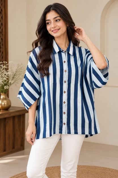 Women’s Indigo Hand Block Printed Cotton Kaftan Shirt with Stripes & Button-Down Collar