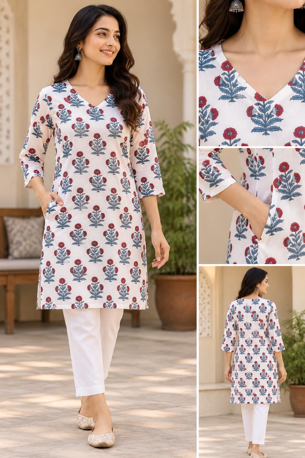 Women’s Hand Block Printed Knee-Length Kurti with Pockets | Floral V-Neck Ethnic Kurta
