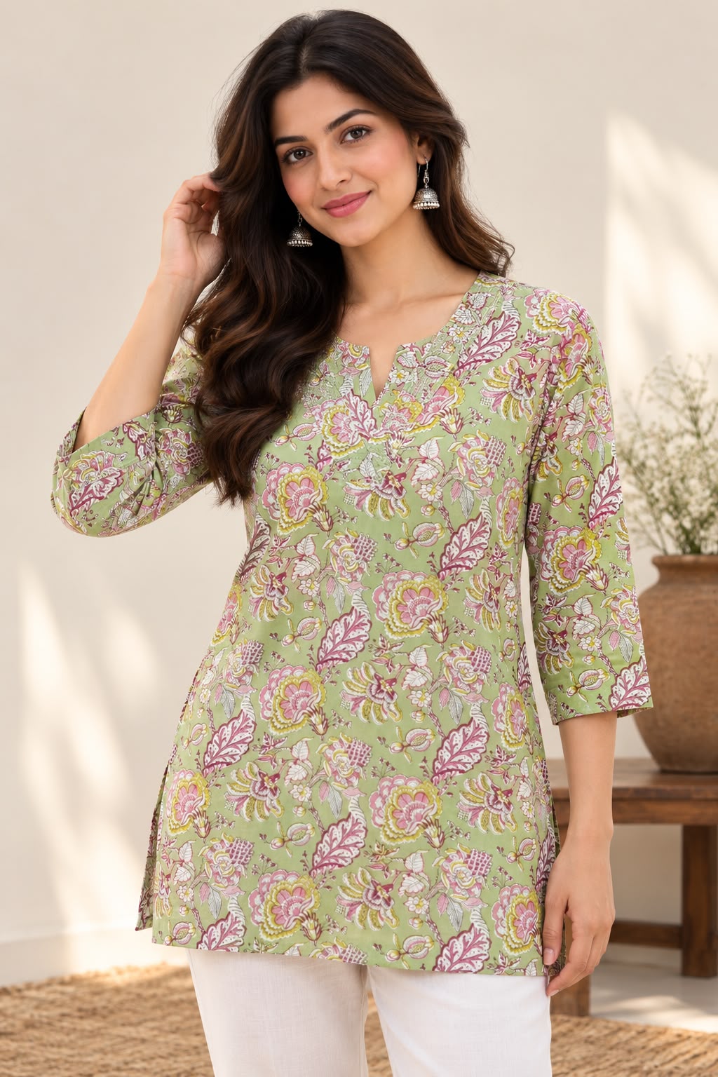 Women’s Green Floral Printed Short Kurti with 3/4 Sleeves | Casual Straight Kurti