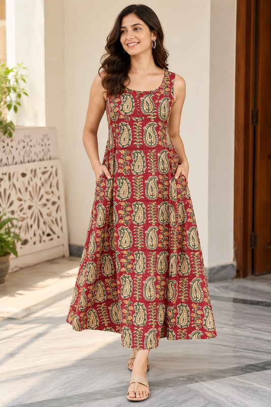 Women’s Handblock Kalamkari Print 100% Pure Cotton Maxi Dress with Pockets | Sleeveless Flared Dress