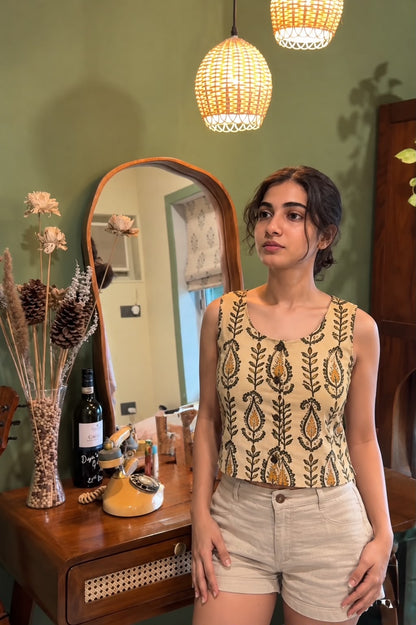 Natural Fab Women's Beige Hand Block Printed Cotton Crop Top | Sleeveless Ethnic Paisley Casual Top