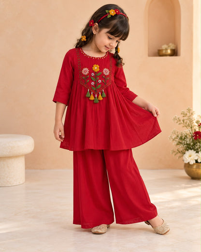 Girls Red Floral Embroidered Flared Kurti Palazzo Set with Tassel Detail | Festive Ethnic Wear