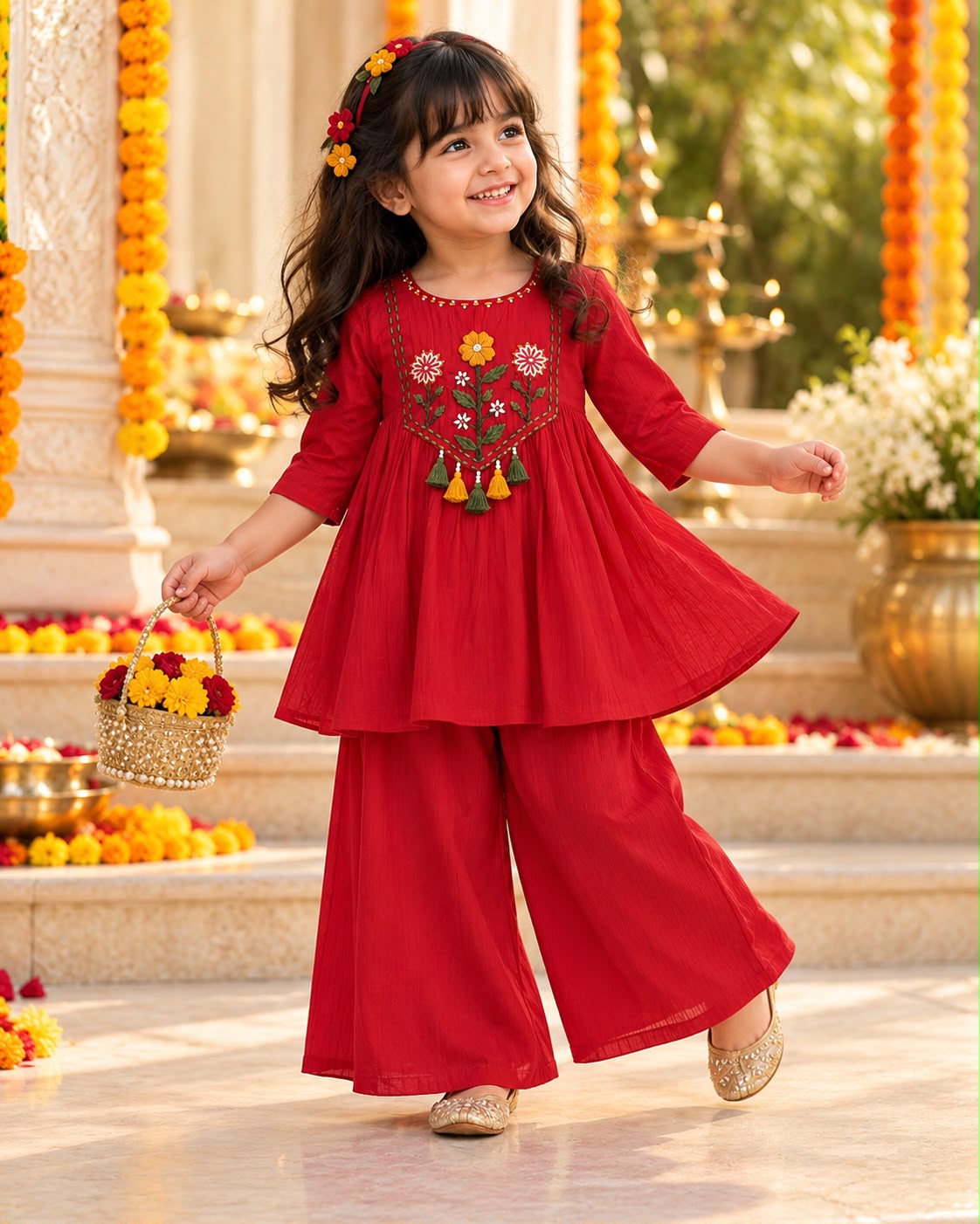 Girls Red Floral Embroidered Flared Kurti Palazzo Set with Tassel Detail | Festive Ethnic Wear