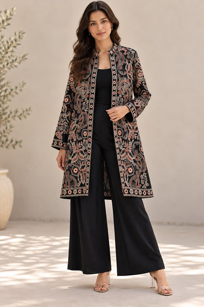Women's Black Long Jacket with All-Over Floral Thread Embroidery | Open Front Ethnic Shrug | Full Sleeve Festive & Party Wear