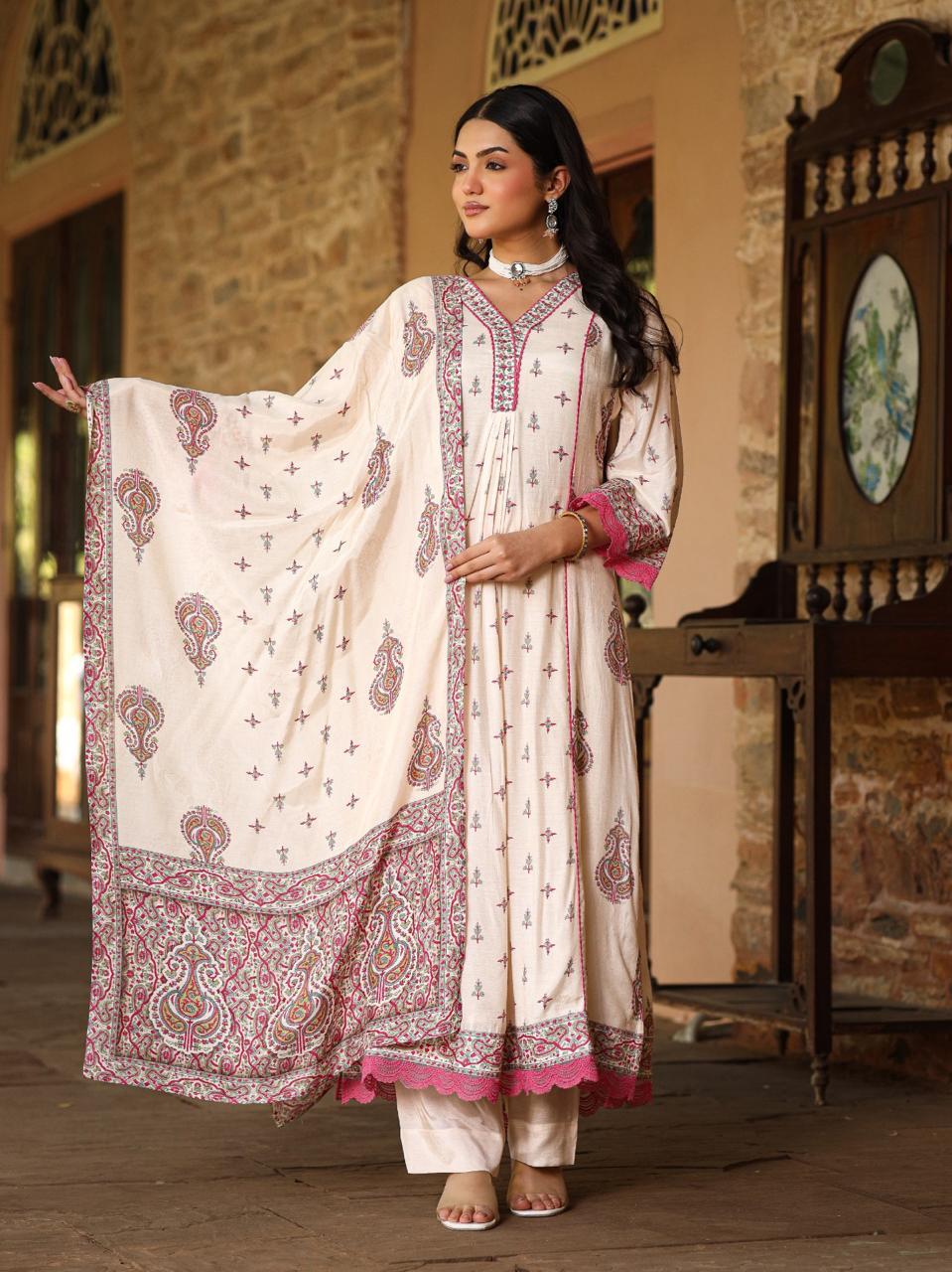 Off-White Kurti Set with Neck Embroidery and Dupatta