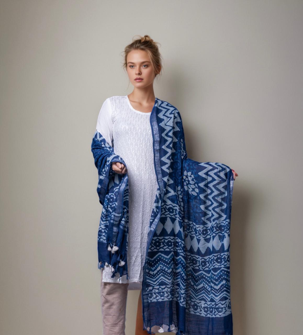 Indigo Essence: Cotton Dupatta in Rich Indigo Hue