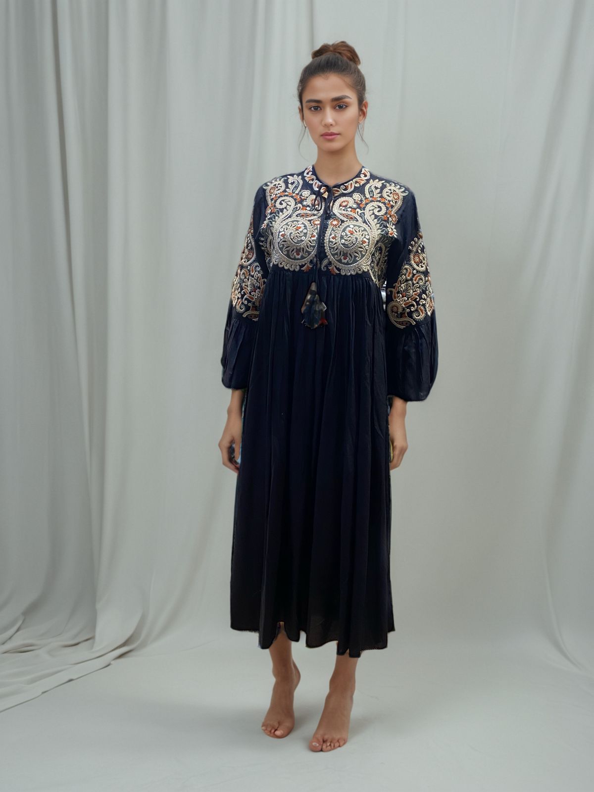 Black Cotton Dress with Intricate Embroidery