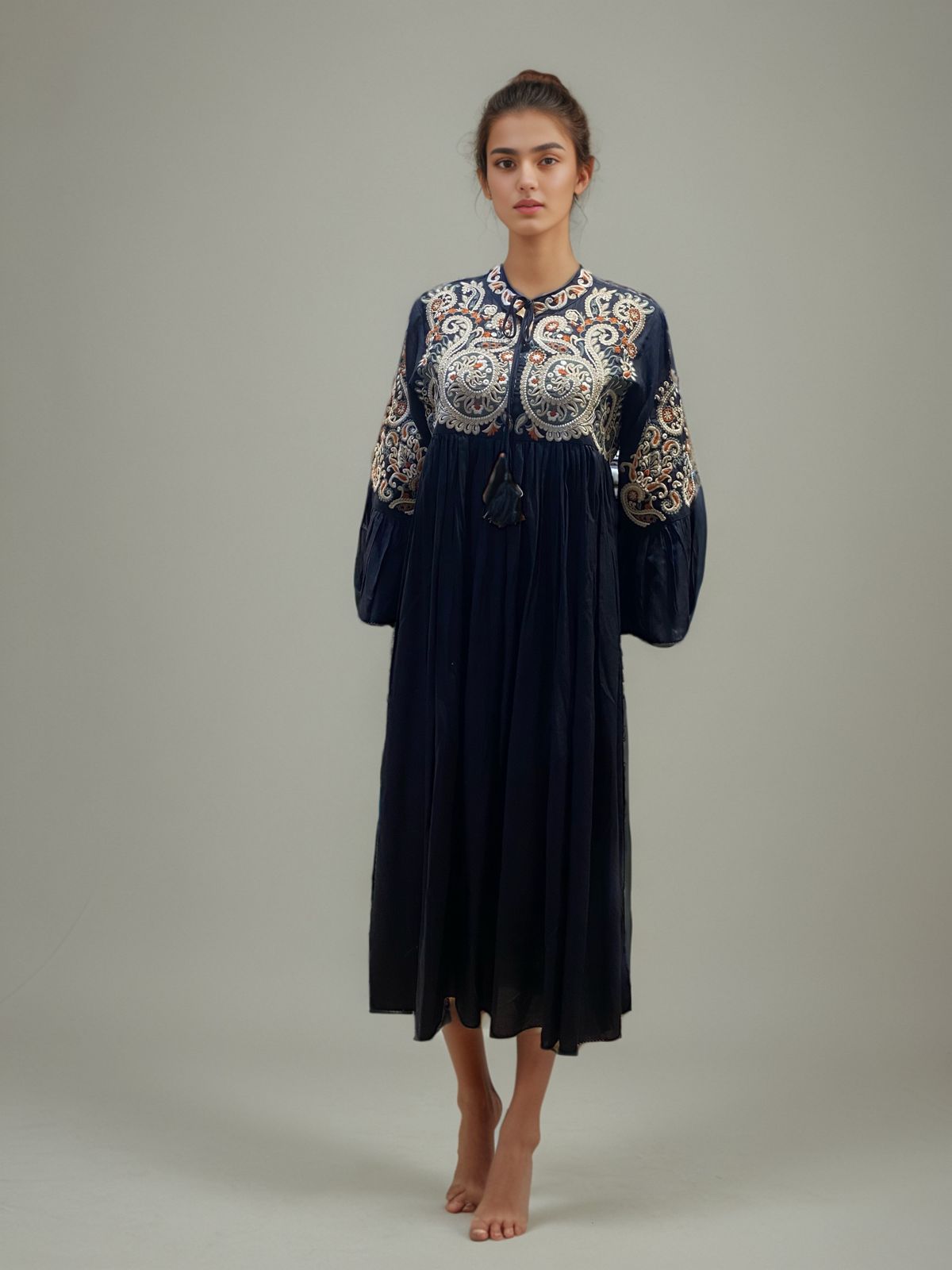 Black Cotton Dress with Intricate Embroidery