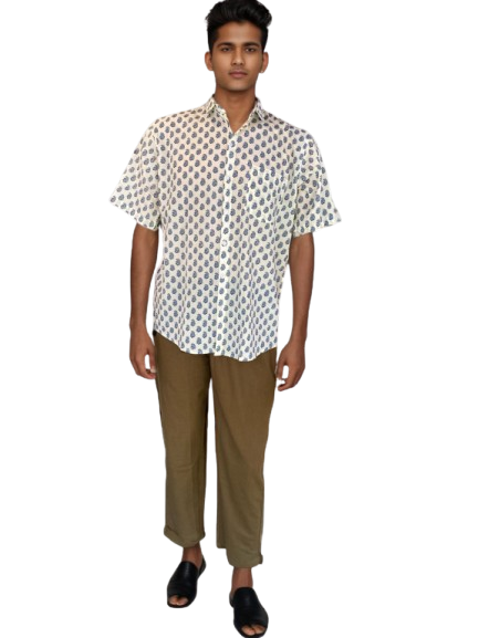 Men’s White Printed Cotton Shirt – Casual Short Sleeve with Blue Floral Motif