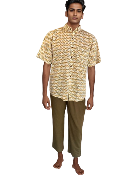 Men’s Mustard Chevron Print Shirt – Short Sleeve Cotton Shirt for Casual & Smart Wear