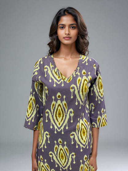 Women’s Print Cotton Kurta – V-Neck, 3/4 Sleeve, Ethnic & Casual Wear