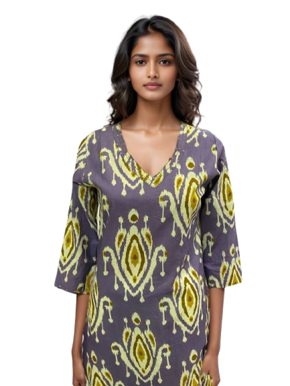 Women’s Print Cotton Kurta – V-Neck, 3/4 Sleeve, Ethnic & Casual Wear