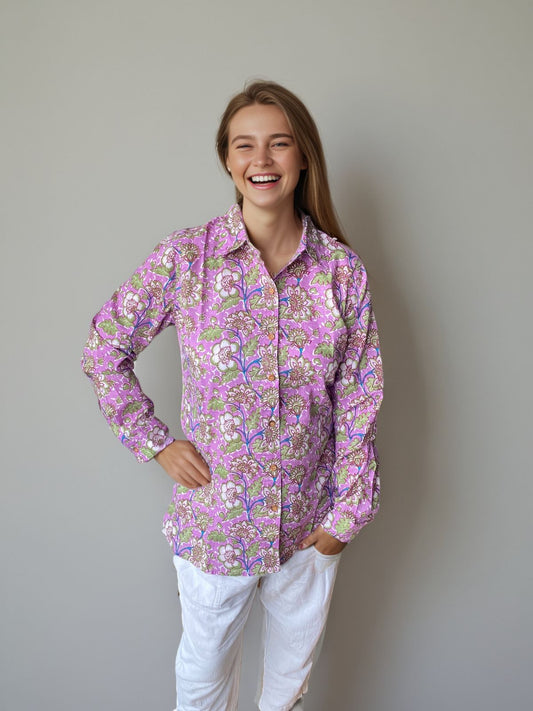 Natural Fab Women’s Pink Floral Cotton Shirt – Handblock Print, Ethnic Summer Wear
