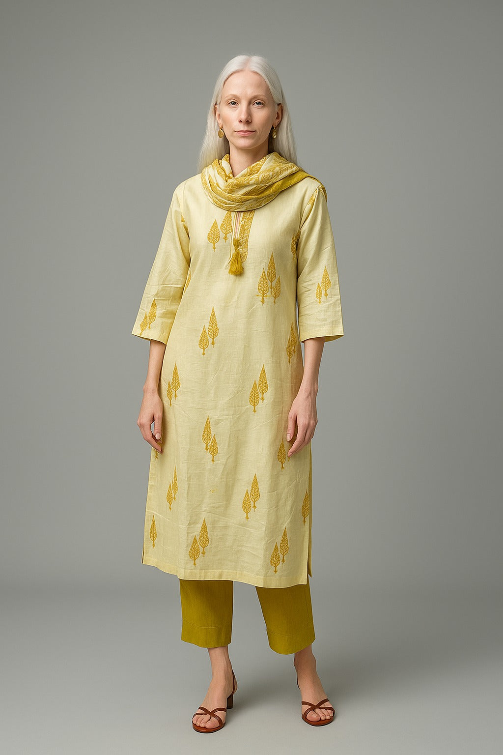 Yellow Embroidered Kurti Set with Dupatta