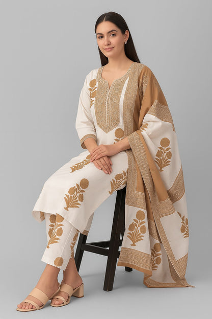 White & Beige Floral Print Cotton Kurti Set with Dupatta – 3 Piece Ethnic Wear for Women