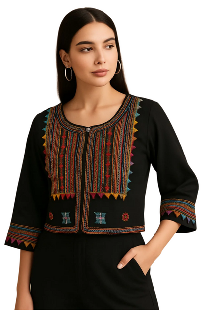 Crop Jacket with Intricate Embroidery BLACK