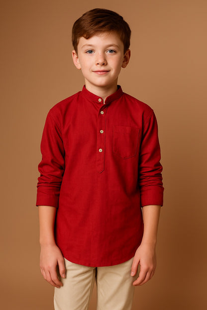 Maroon Cotton Short Kurta for Boys