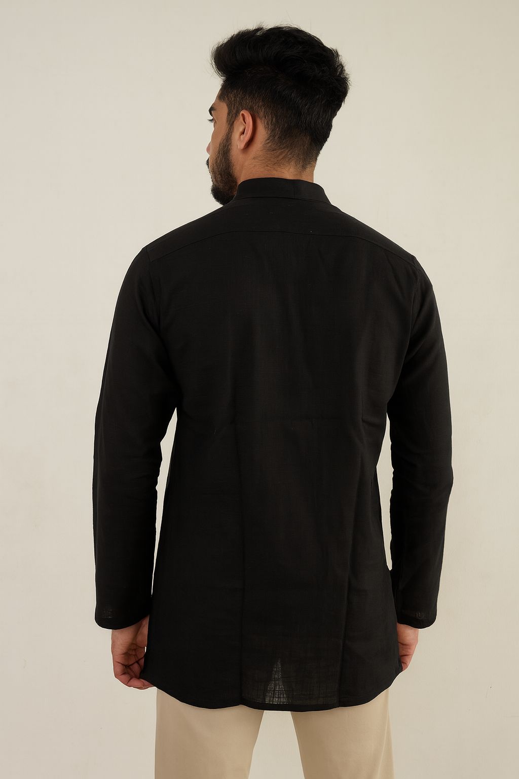 Men’s Black Cotton Short Kurta – Classic Ethnic Wear with Mandarin Collar