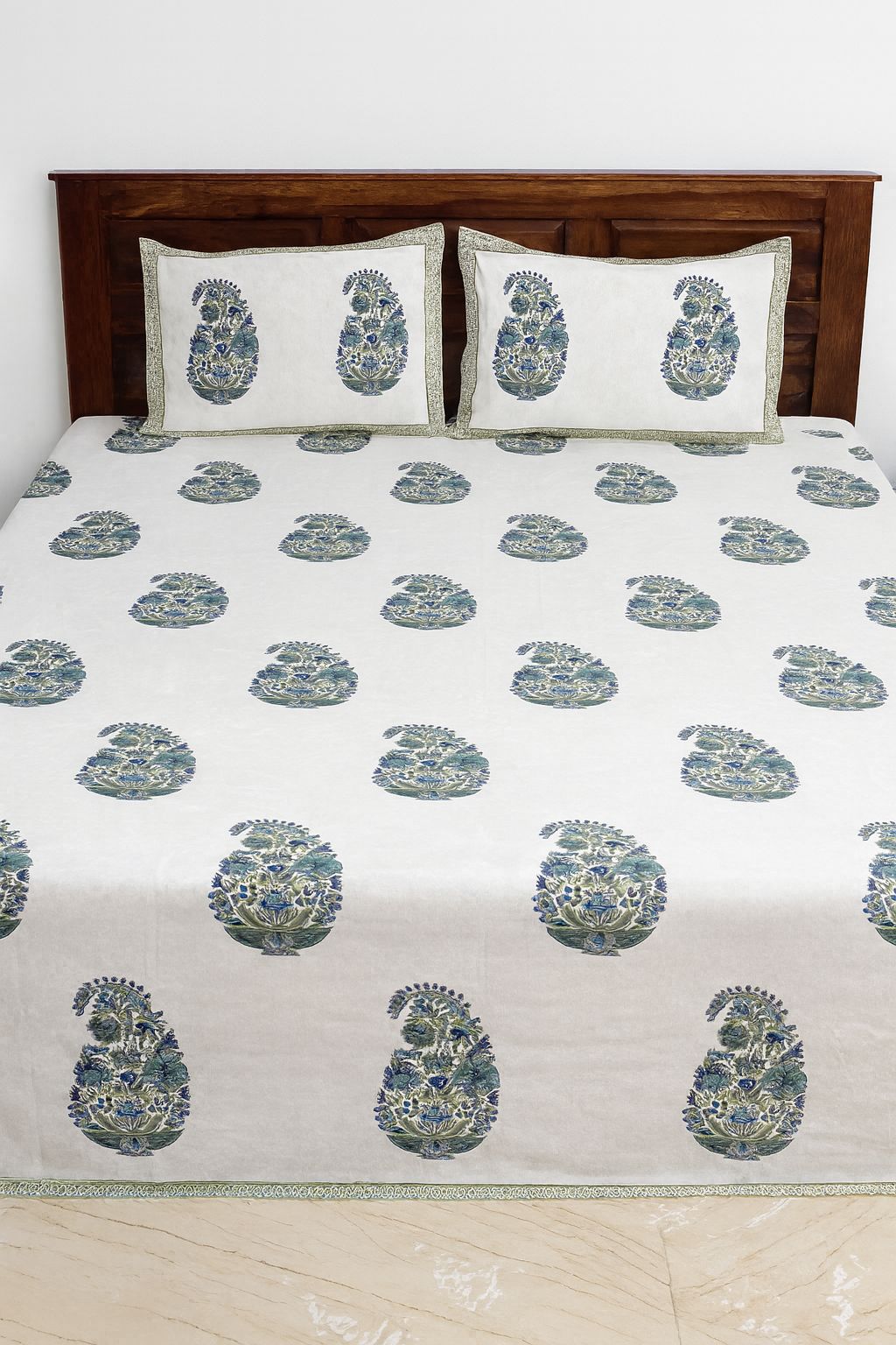 Cotton Double Bedsheet with Blue Paisley Handblock Print | Soft, Breathable & Machine Washable with Pillow Covers
