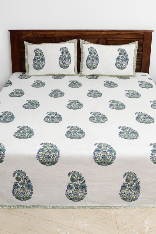Cotton Double Bedsheet with Blue Paisley Handblock Print | Soft, Breathable & Machine Washable with Pillow Covers
