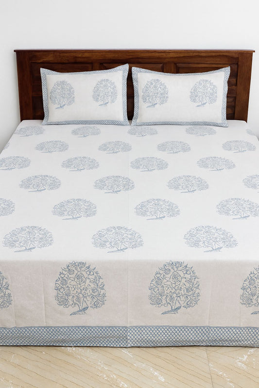 Cotton Double Bedsheet with Handblock Tree Print | Soft, Breathable & Machine Washable with Pillow Covers