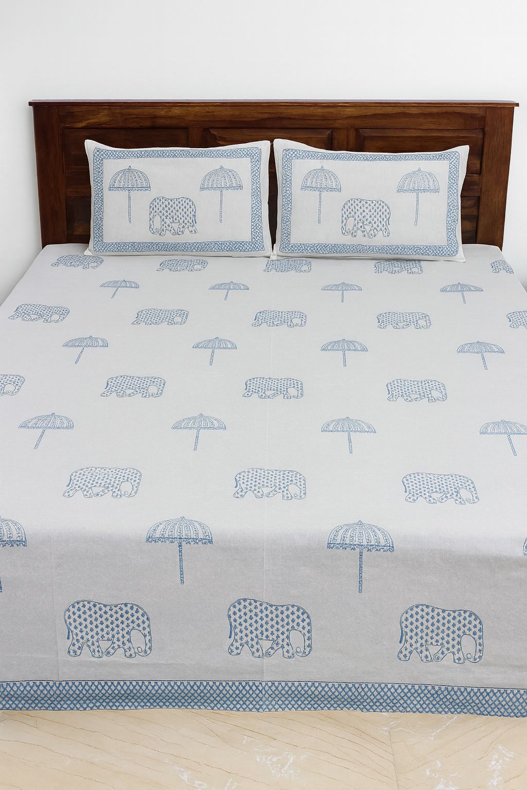 Cotton Double Bedsheet with Elephant & Umbrella Handblock Print | Soft, Breathable & Machine Washable with Pillow Covers