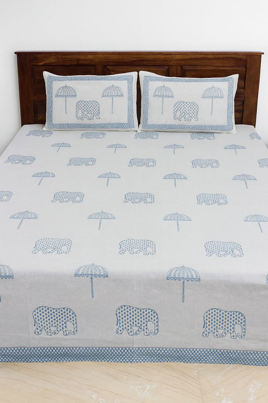 Cotton Double Bedsheet with Elephant & Umbrella Handblock Print | Soft, Breathable & Machine Washable with Pillow Covers