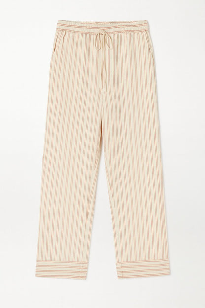 Women’s Off-White Cotton Kurti Set with Striped Pants – Elegant Ethnic Wear for Office & Festive Look