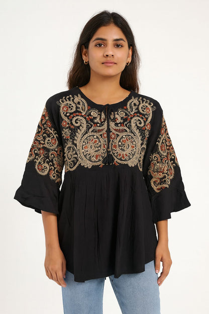 Black Cotton Hand-Embroidered Top for Women – Ethnic Boho Tunic with 3/4 Flared Sleeves