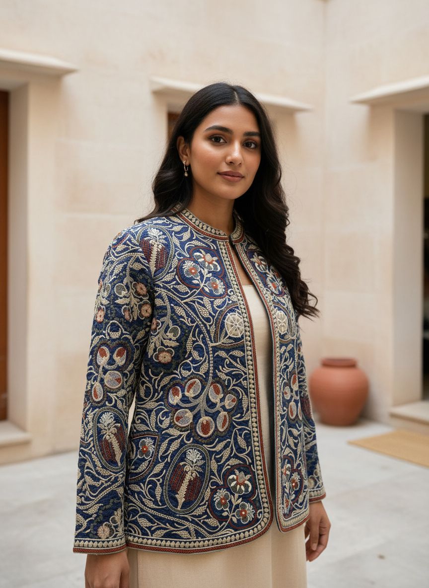 Women’s Premium Embroidered Jacket | Premium Wool Blend Winter Jacket | Handcrafted Floral Work | Ethnic Festive & Casual Wear