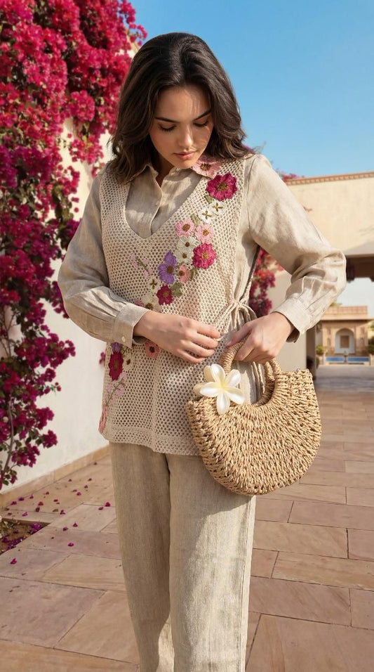 Natural Fab Women's Jute Co-Ord Set, Made in India Handcrafted Two-Piece Outfit, Breathable Natural Fabric