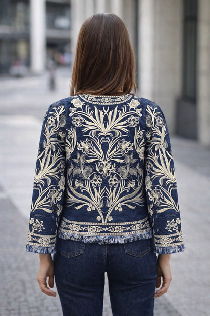 Natural Fab Women’s Cotton Denim Jacket, Handcrafted Embroidered Blue Casual Layering Jacket