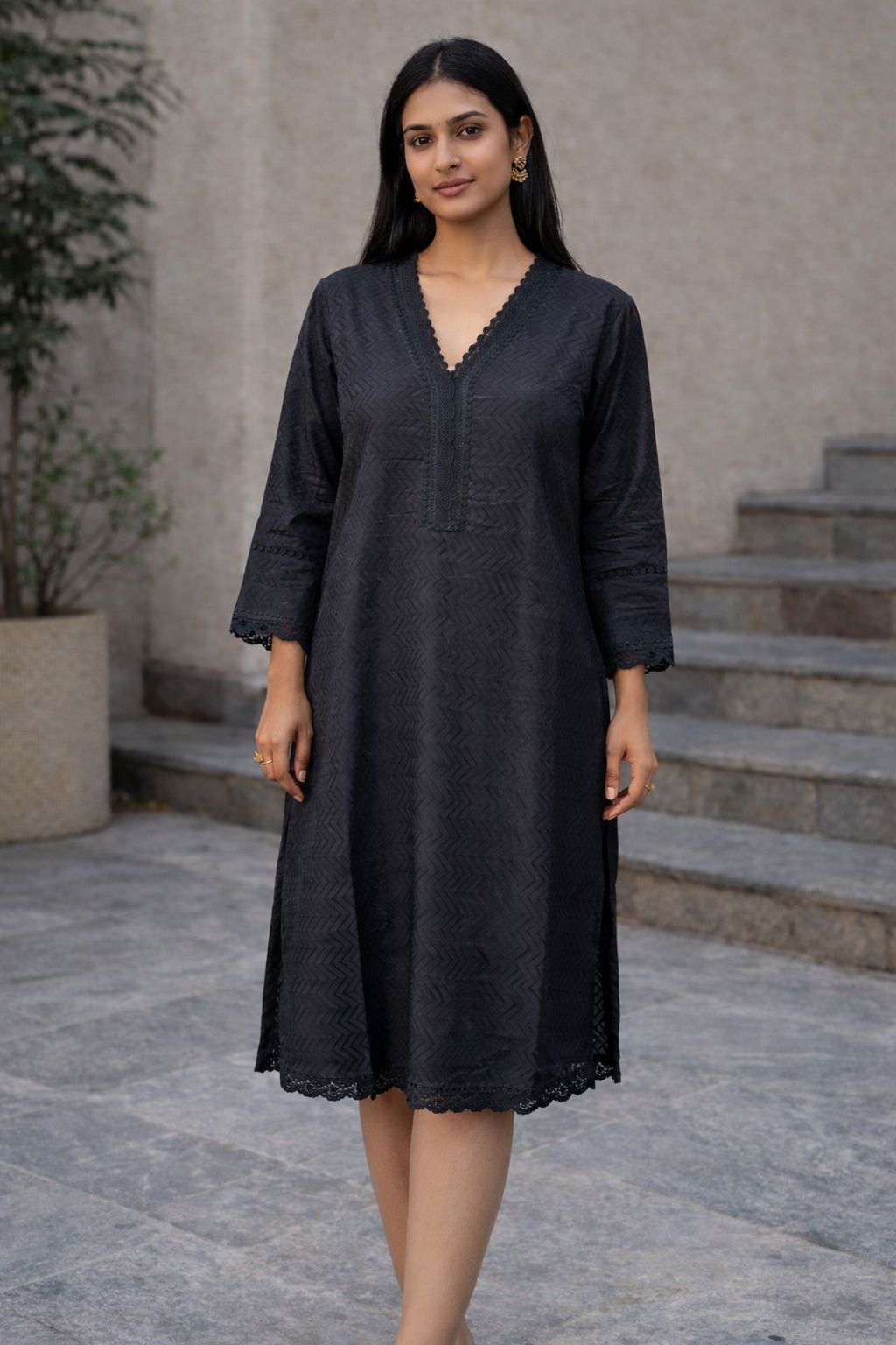 Women’s Black Cotton Kurti with Lace Detailing | Handcrafted Straight Kurta, Soft & Breathable