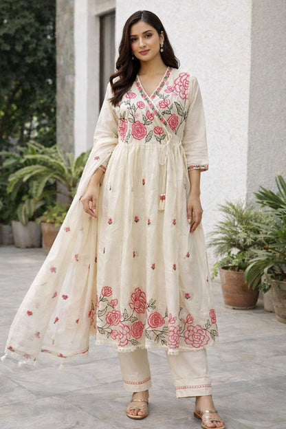 Floral Embroidered Cotton Kurti Set for Women with Dupatta – Cream Ethnic Kurta Pant Set | Natural Fab