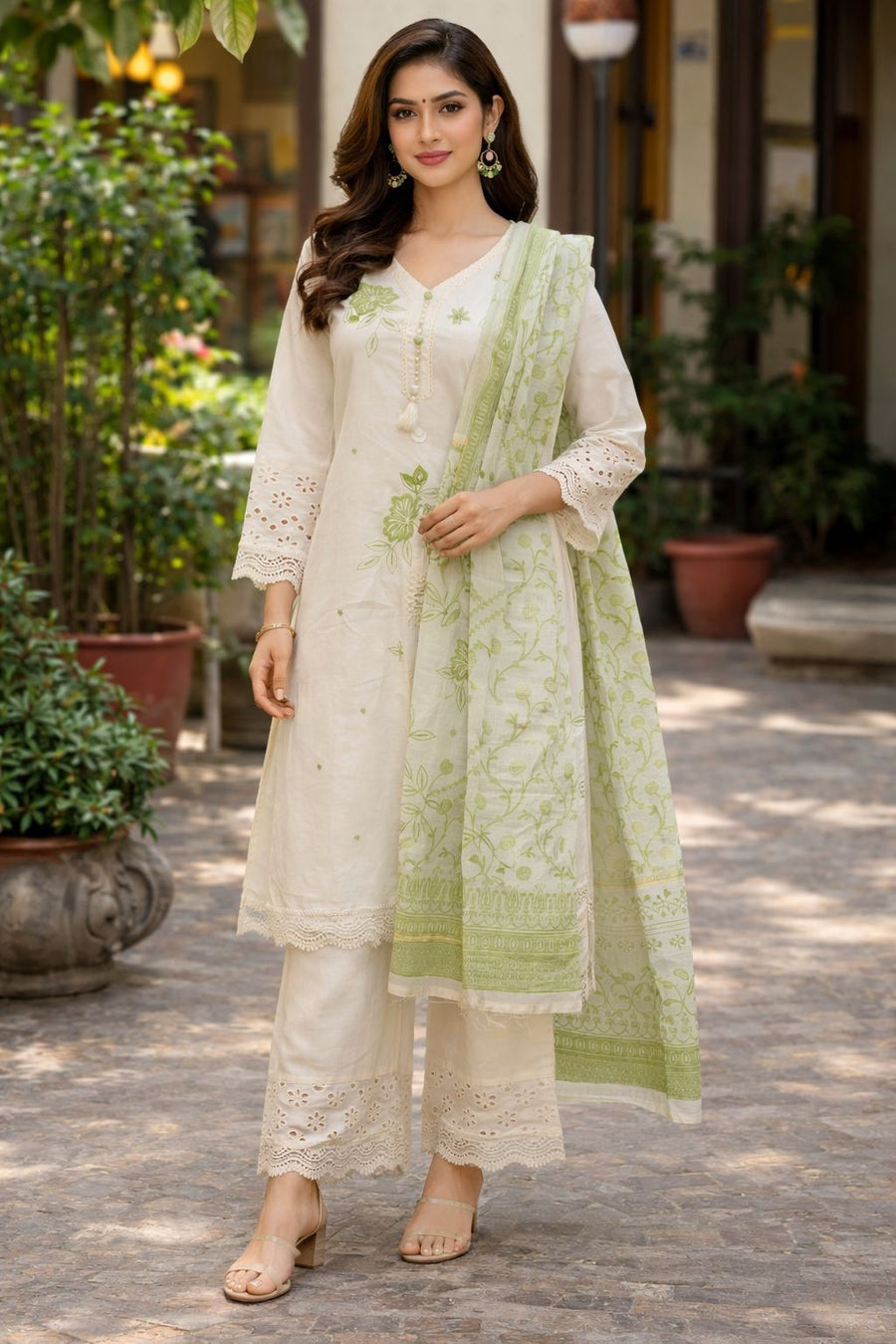 Women's A-Line Cotton Kurta Set with Pant & Kota Doria Dupatta, Floral Embroidered Ethnic Suit