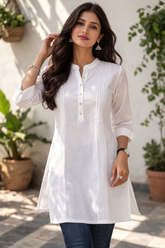 Women’s White Cotton Short Kurti | Solid Casual Ethnic Top for Office & Daily Wear