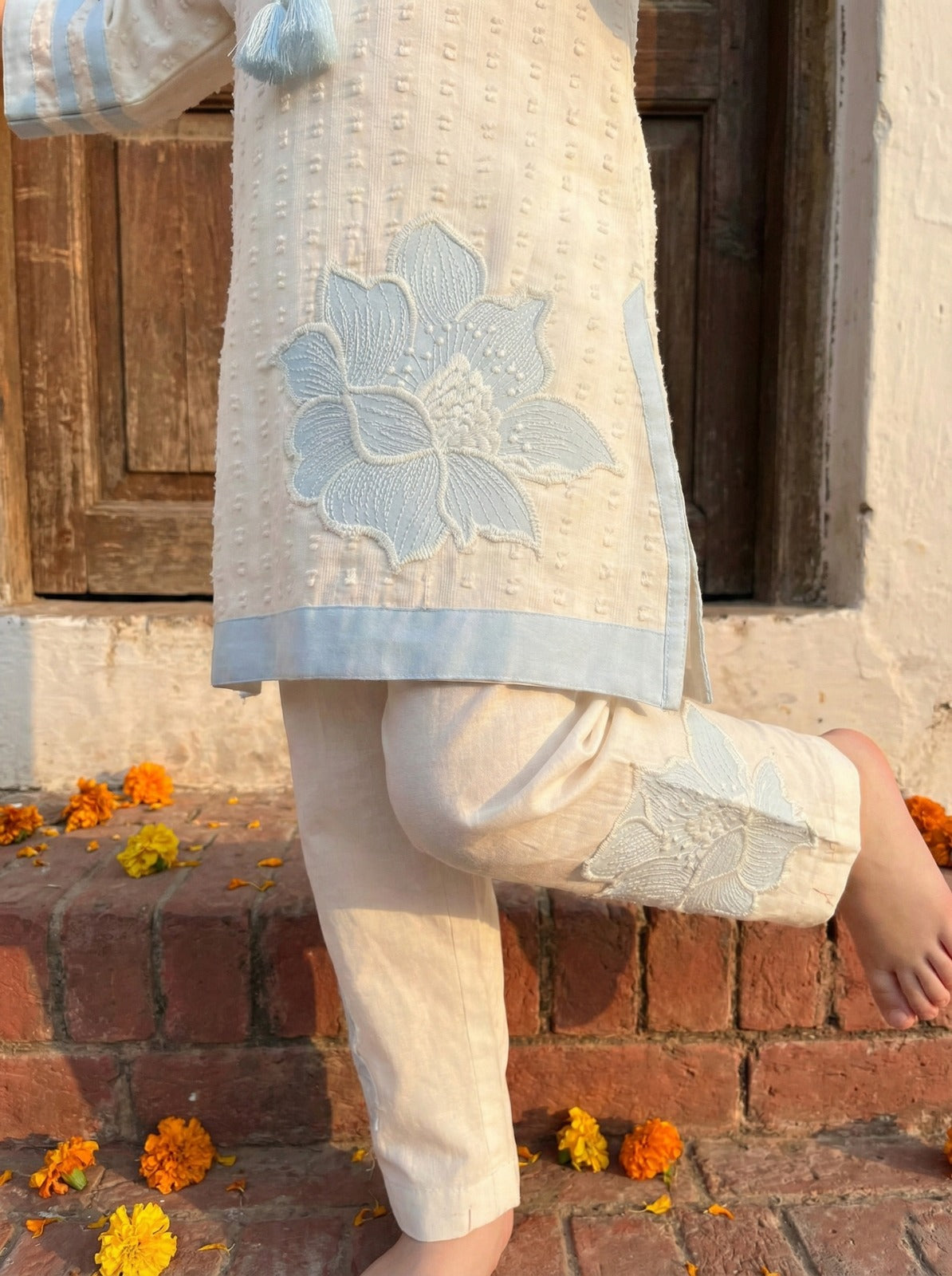 Girls Pure Cotton Co-Ord Set – Embroidered Floral Kurti & Pants | Kids Ethnic Casual Summer Outfit