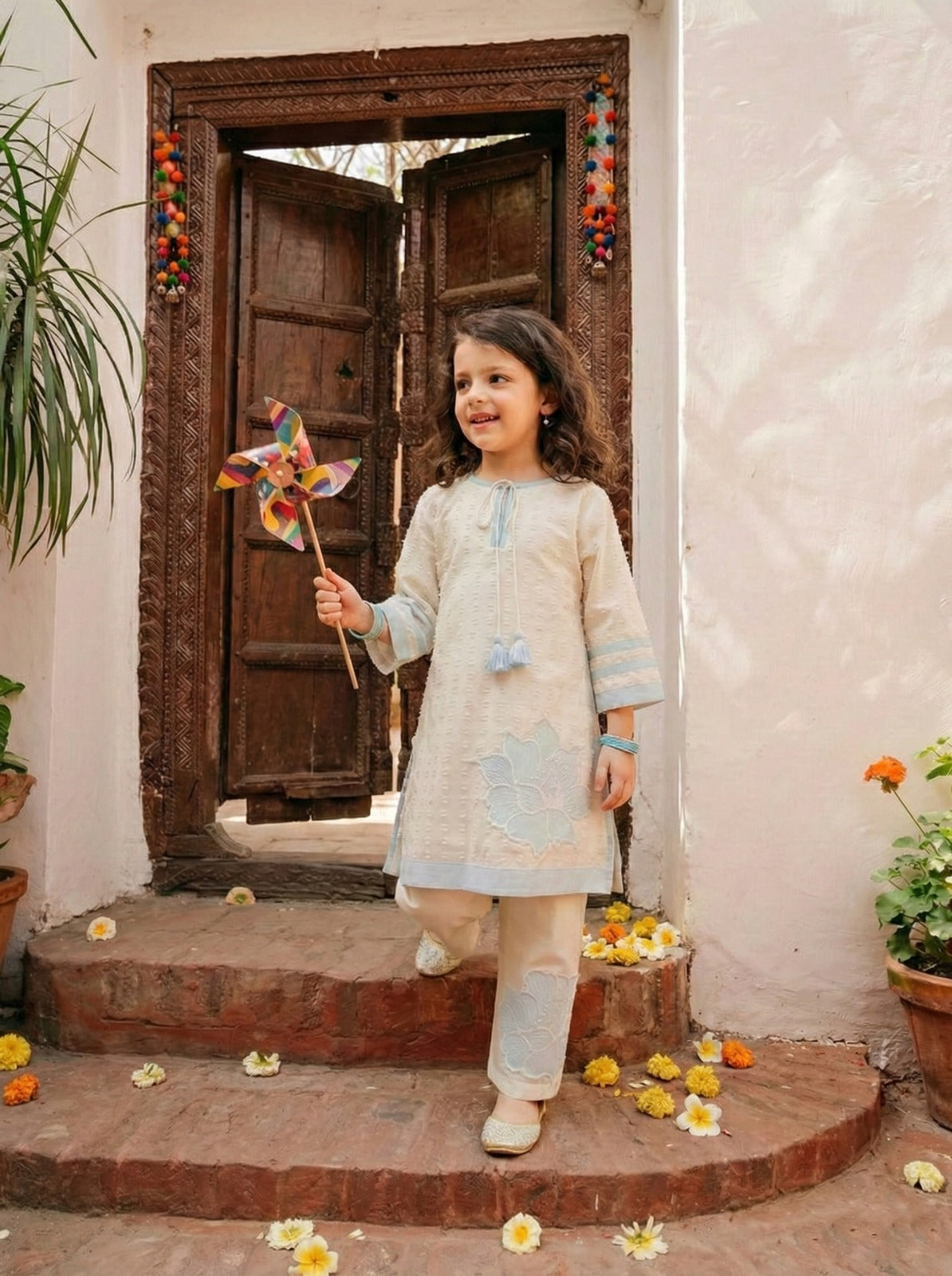 Girls Pure Cotton Co-Ord Set – Embroidered Floral Kurti & Pants | Kids Ethnic Casual Summer Outfit