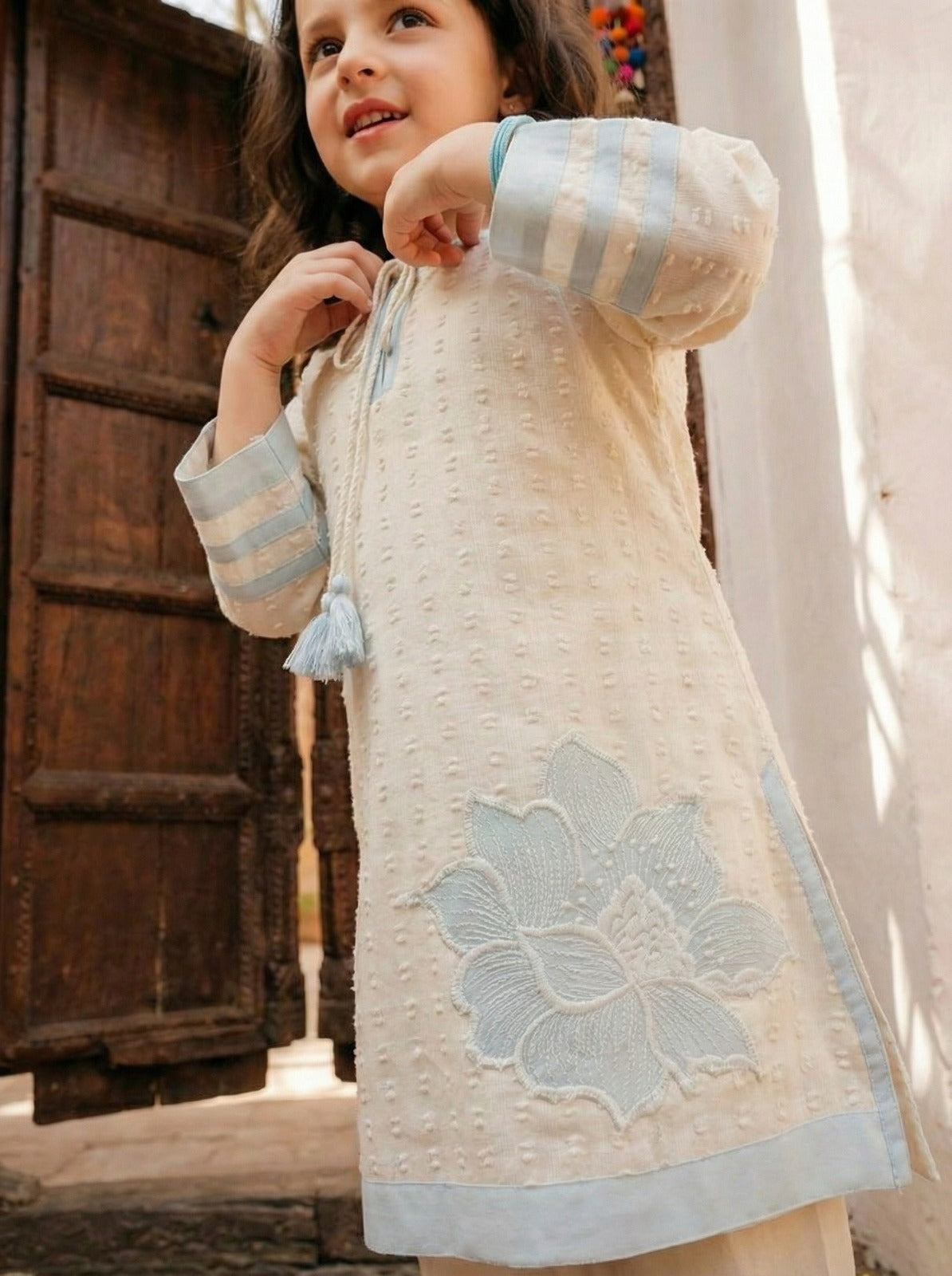 Girls Pure Cotton Co-Ord Set – Embroidered Floral Kurti & Pants | Kids Ethnic Casual Summer Outfit