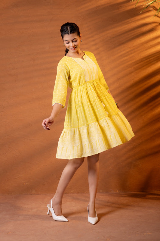 Women’s Mal Cotton Flared Short Dress | Soft Breathable Casual Summer Dress | Lightweight Tiered Ethnic Day Dress for Casual, Travel & Vacation Wear