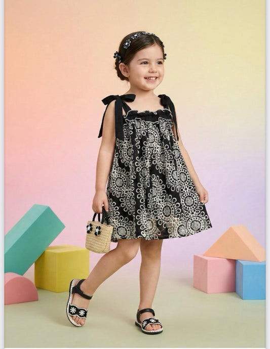 Girls Cotton Summer Dress with Bow Straps – Black Printed Casual Party Dress for Kids