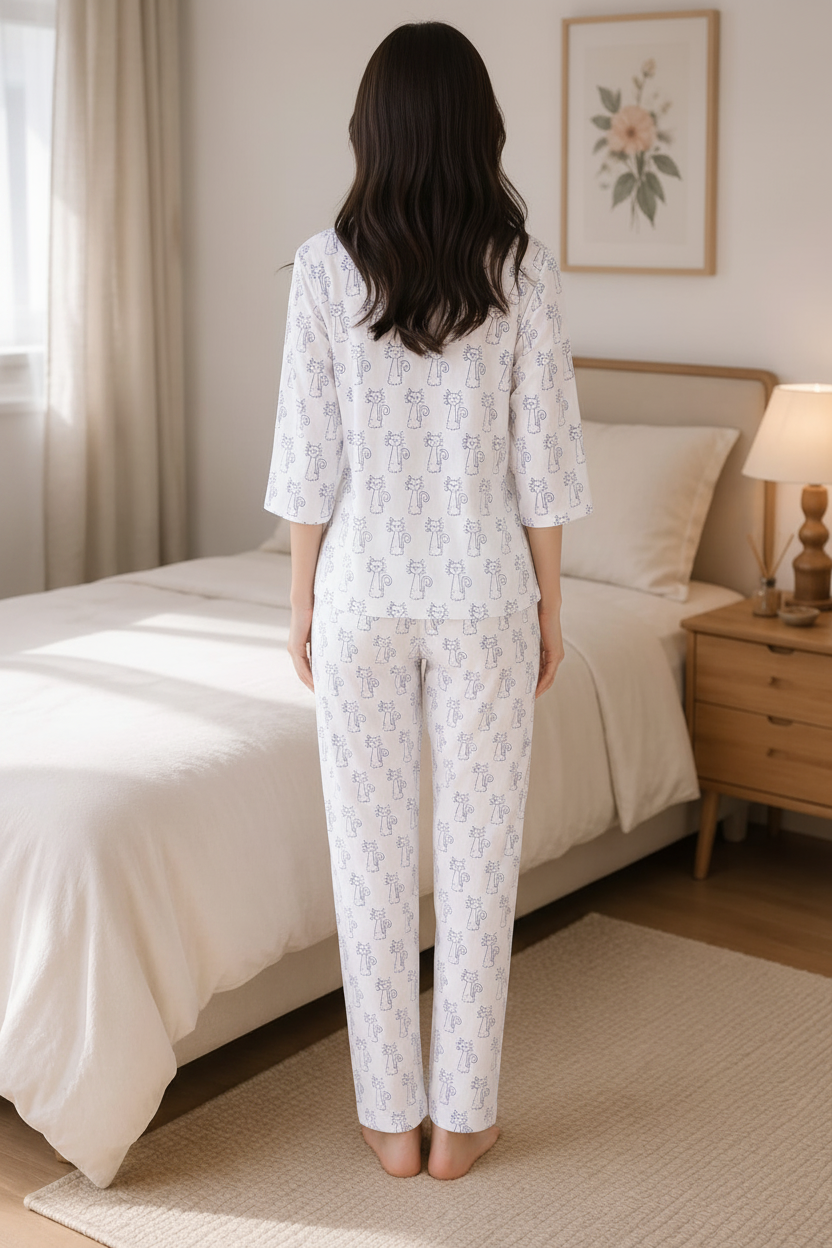 Natural Fab Women’s Mal Mal Cotton Night Suit with Lining | Original Hand Block Print Soft Sleepwear Set | Comfortable Lounge & Nightwear for Women