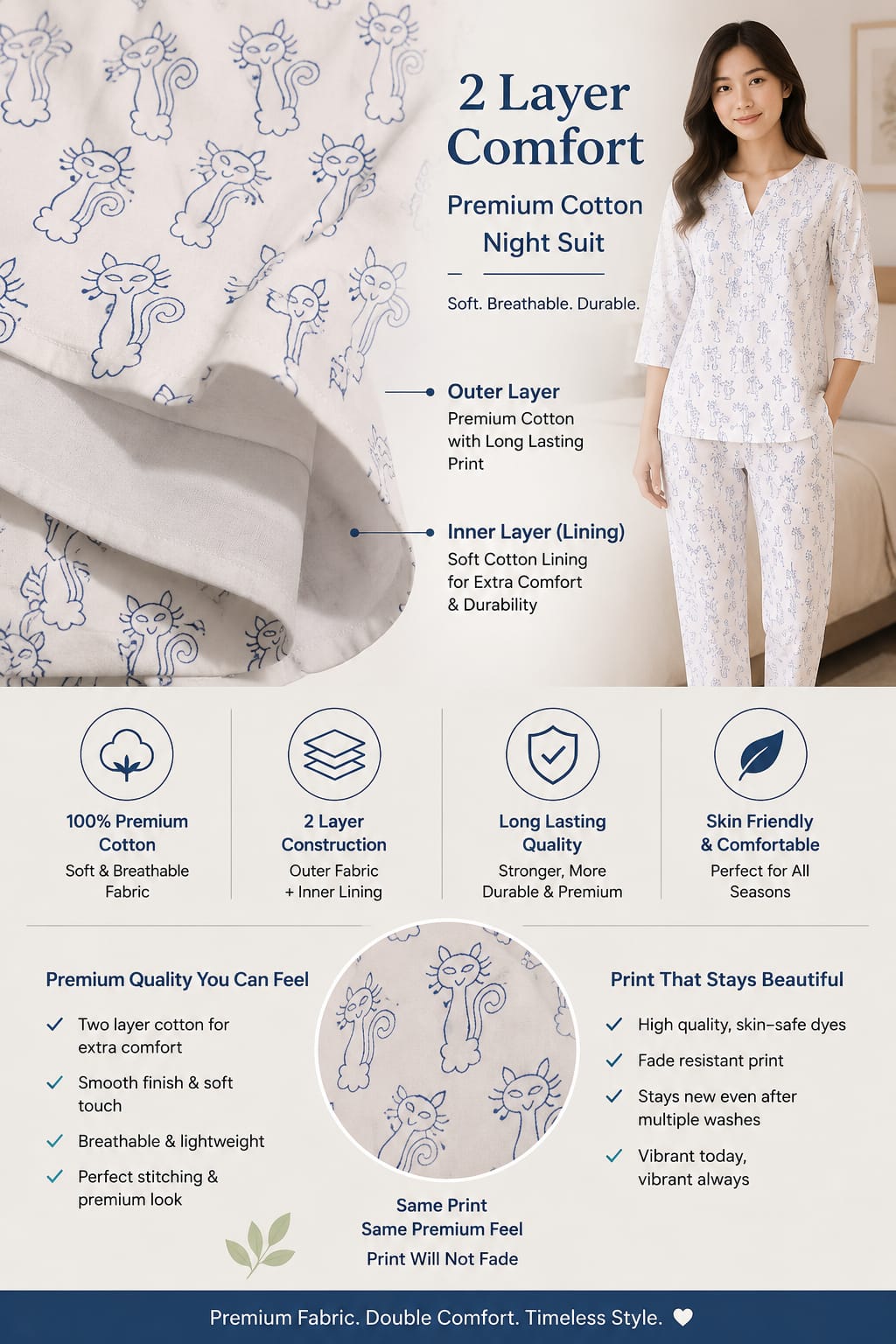 Natural Fab Women’s Mal Mal Cotton Night Suit with Lining | Original Hand Block Print Soft Sleepwear Set | Comfortable Lounge & Nightwear for Women