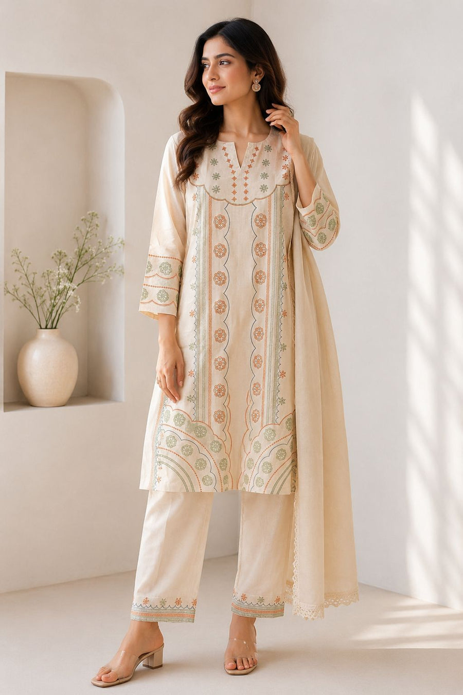 Women’s Premium Khadi Cotton Printed Kurti Pant Dupatta Set | Elegant Ethnic Wear for Women | Soft Straight Kurta Set with Dupatta